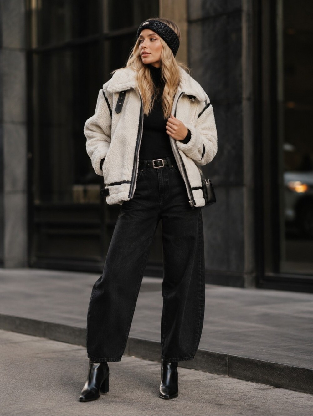 New cream Shearling Bomber Jacket faux Leather Black Trim Snowbunny NWT Sz L